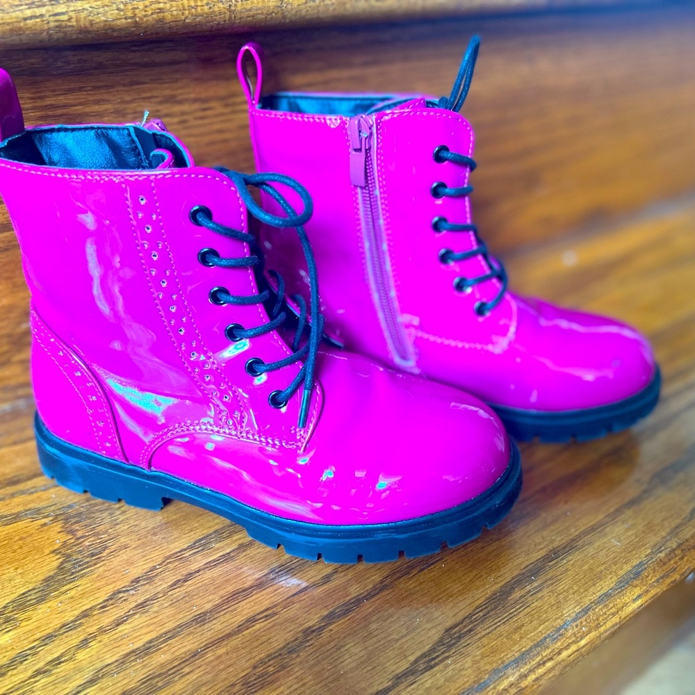 Hot pink patent leather boots